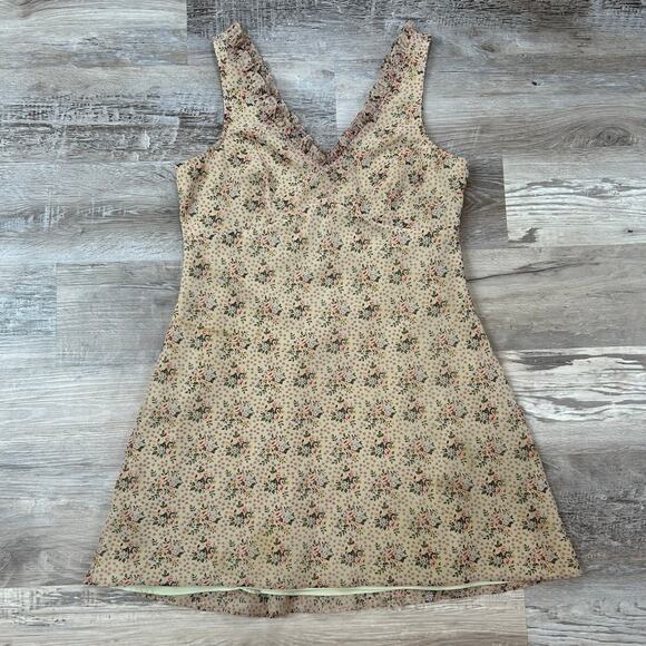 Y2K Express Floral Mini Dress Beige Pink Green Ruffle Trim Cottagecore M - Picture 1 of 6